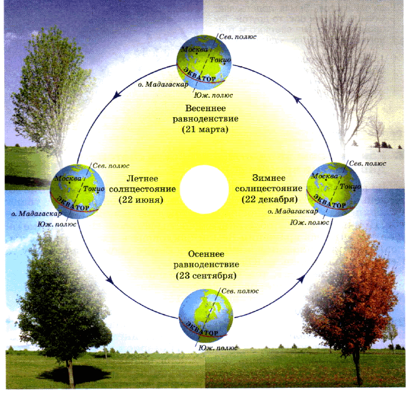Рис. 16. Вращение Земли вокруг Солнца и наклон земной оси — причины смены времён года.